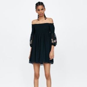 Zara Off the Shoulder Black Mini Dress with Floral Design
